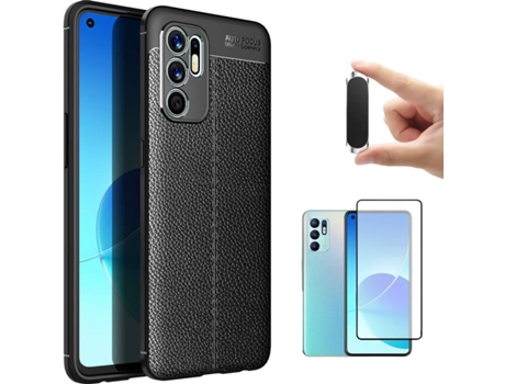 Funda + Protector de Pantalla + Soporte Magnético Oppo Reno6 5G Rugged Leather Negro