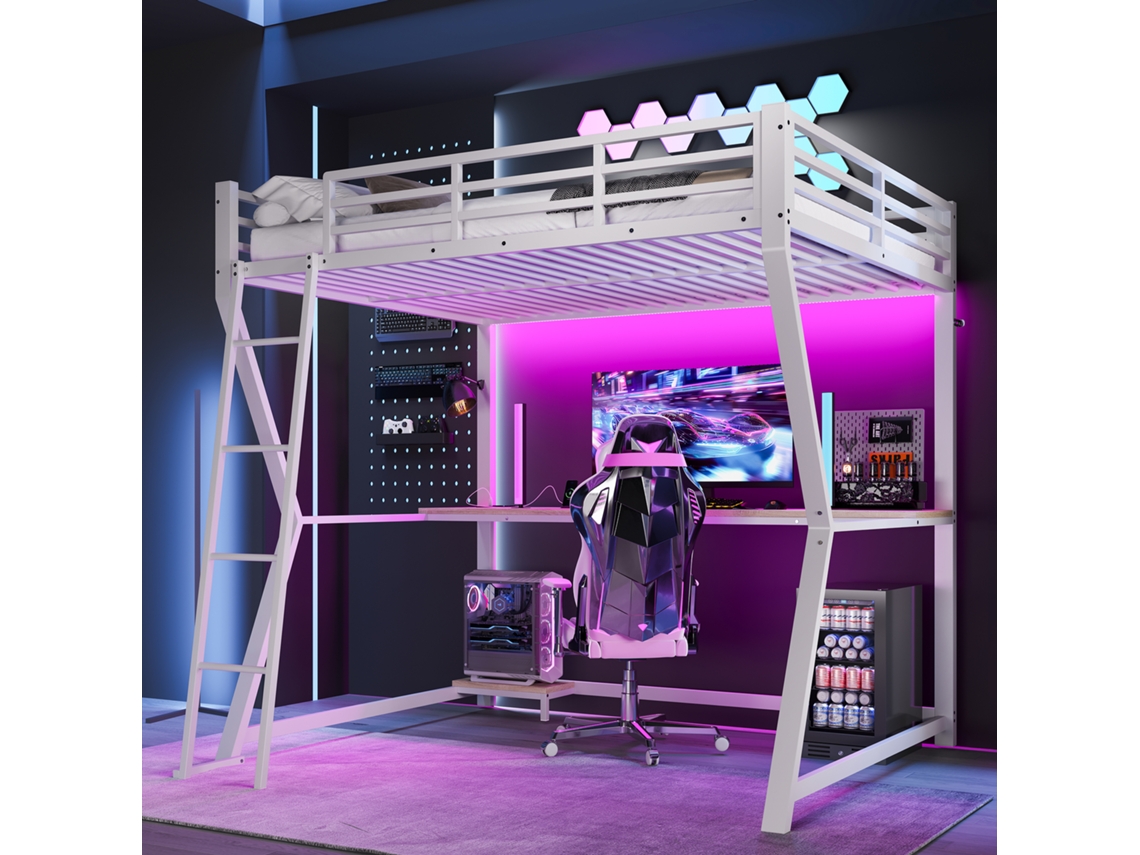 Cama Alta Metálica 140x200 Cm, Led, Escritorio Para Ordenador, Usb, Estante Para Pc, Escalera, Barandilla, Blanca.