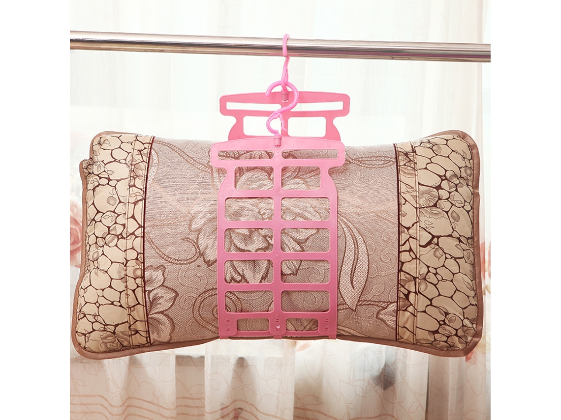 Tendedero doble de plástico rosa con ganchos para almohadas y peluches.