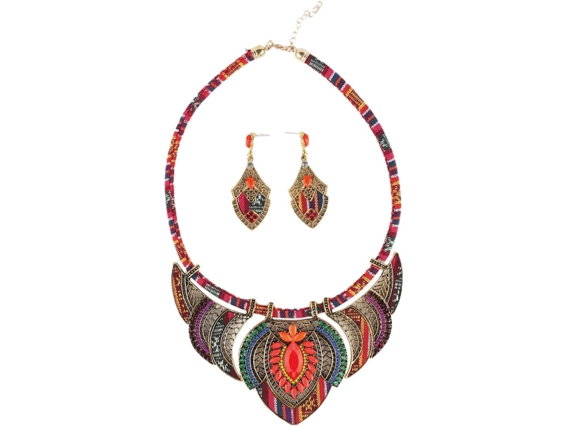 De Collar Y Pendientes Étnicos Vintage Rojos Para Mujer, Colgante De Aleación Elegante Y