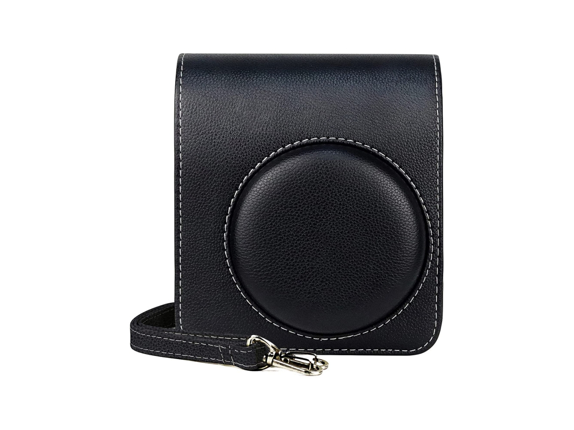 Estuche elegante de piel sintética para cámara con tapa extraíble y correa ajustable