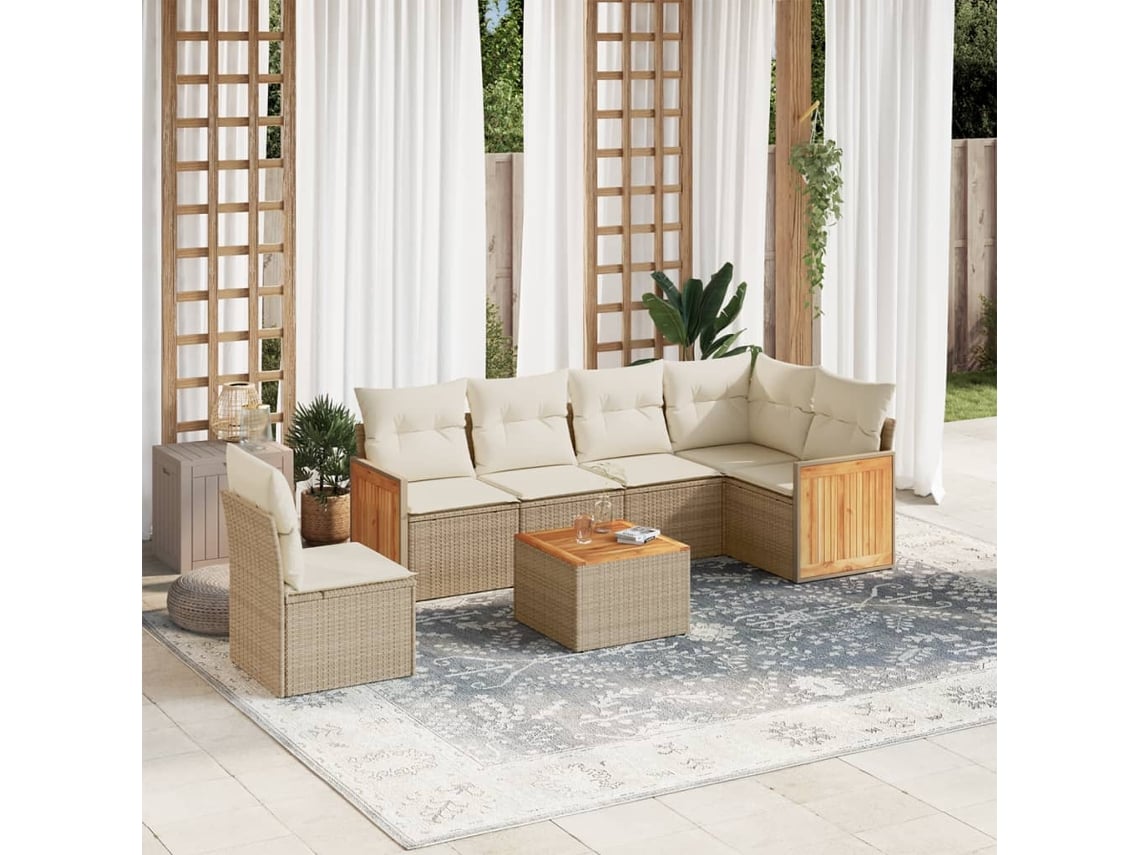 Conjunto de 7 sofás de jardín con cojines de mimbre beige de Dkd Home Decor