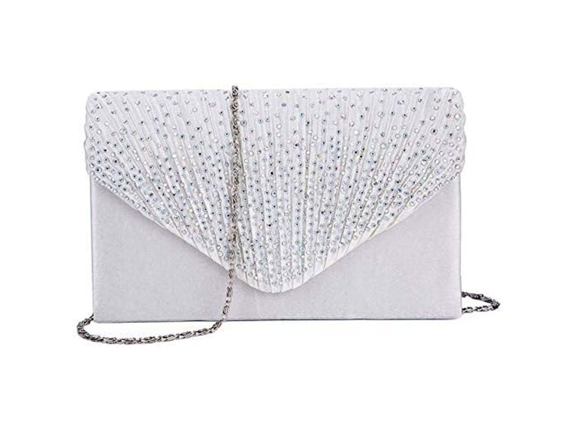 Bolso De Mano Tipo Sobre De Satén Plateado Con Diamantes Para Mujer, Ideal Para Fiestas, Bodas, Graduaciones O Como Bolso De Hombro.