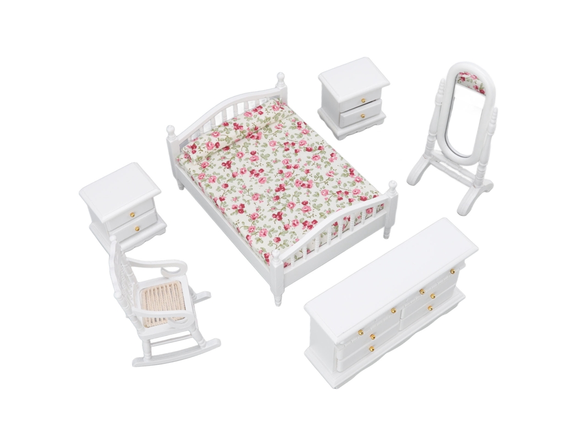 Conjunto De Móveis De Quarto De Boneca Em Madeira 1:12 Miniatura Diy Acessórios Exquisitos 6 Peças