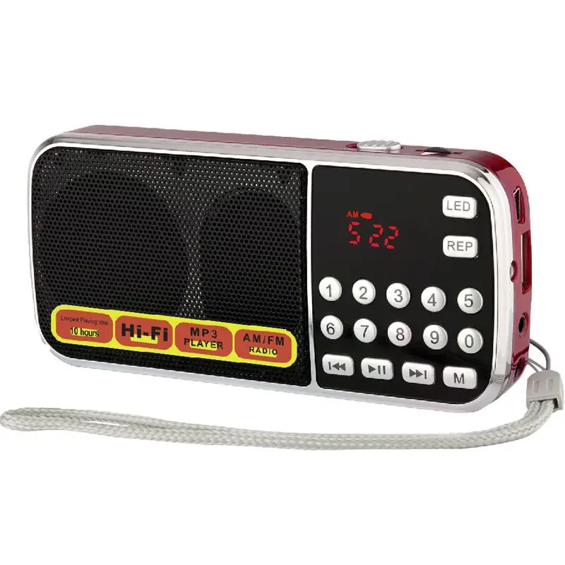 (Rojo) Radio AM/FM de doble banda con subwoofer, linterna incorporada y batería recargable.