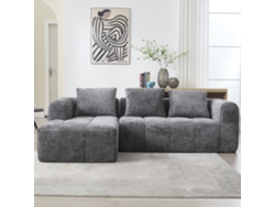 Moderno sofá esquinero de 3 plazas en chenilla con chaise longue, 3 cojines, reposabrazos y bolsillo lateral para mando a distancia, estilo gris.