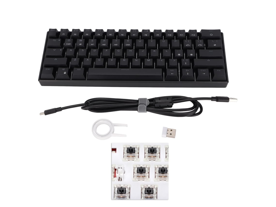Teclado Mecánico Para Juegos, 61 Teclas, Tres Modos, Inalámbrico, Portátil, Ergonómico, Batería Recargable, Color Negro.