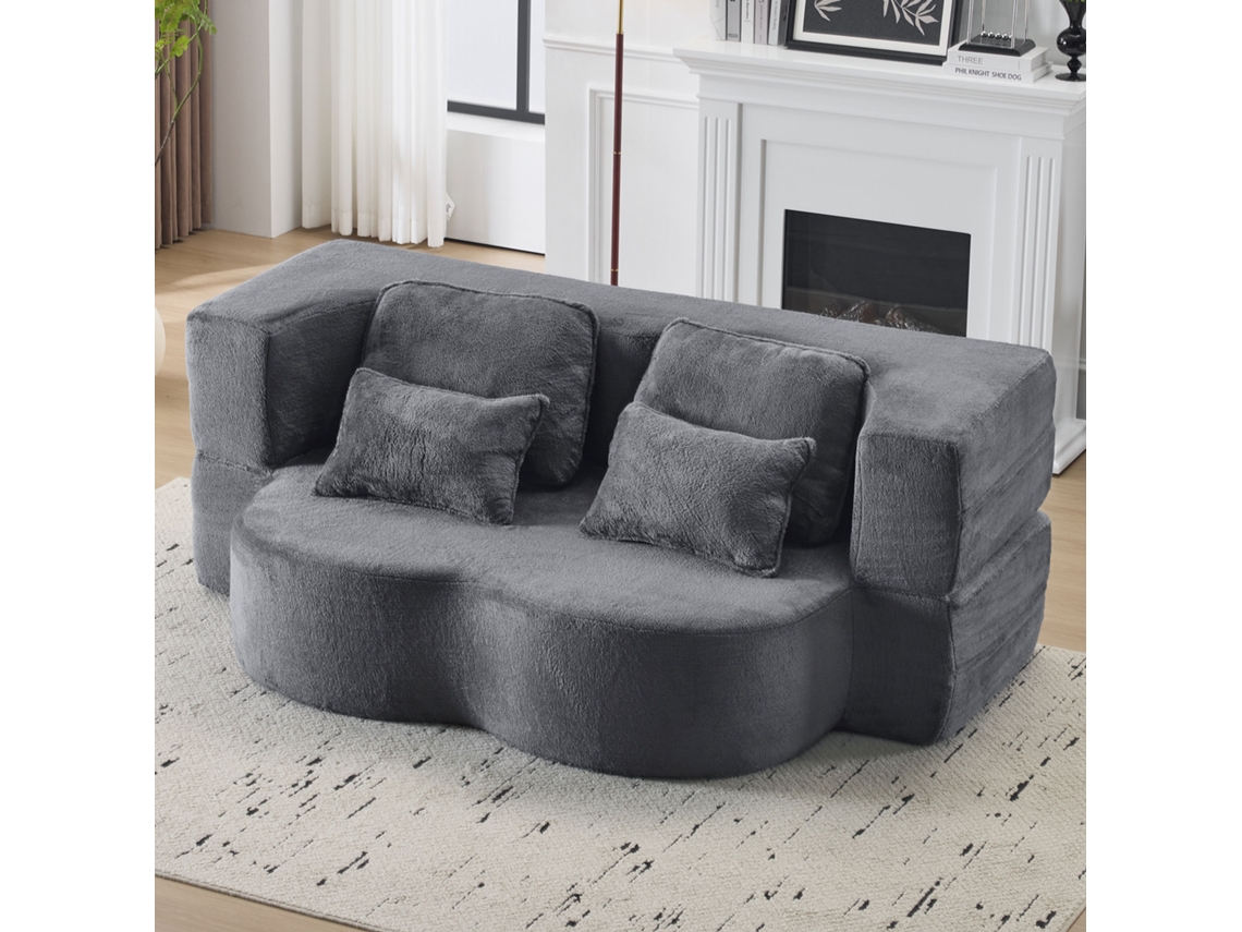 Sofá cama de suelo para 2 personas, diseño moderno y cómodo, con 4 cojines y colchón de espuma de alta densidad, azul grisáceo