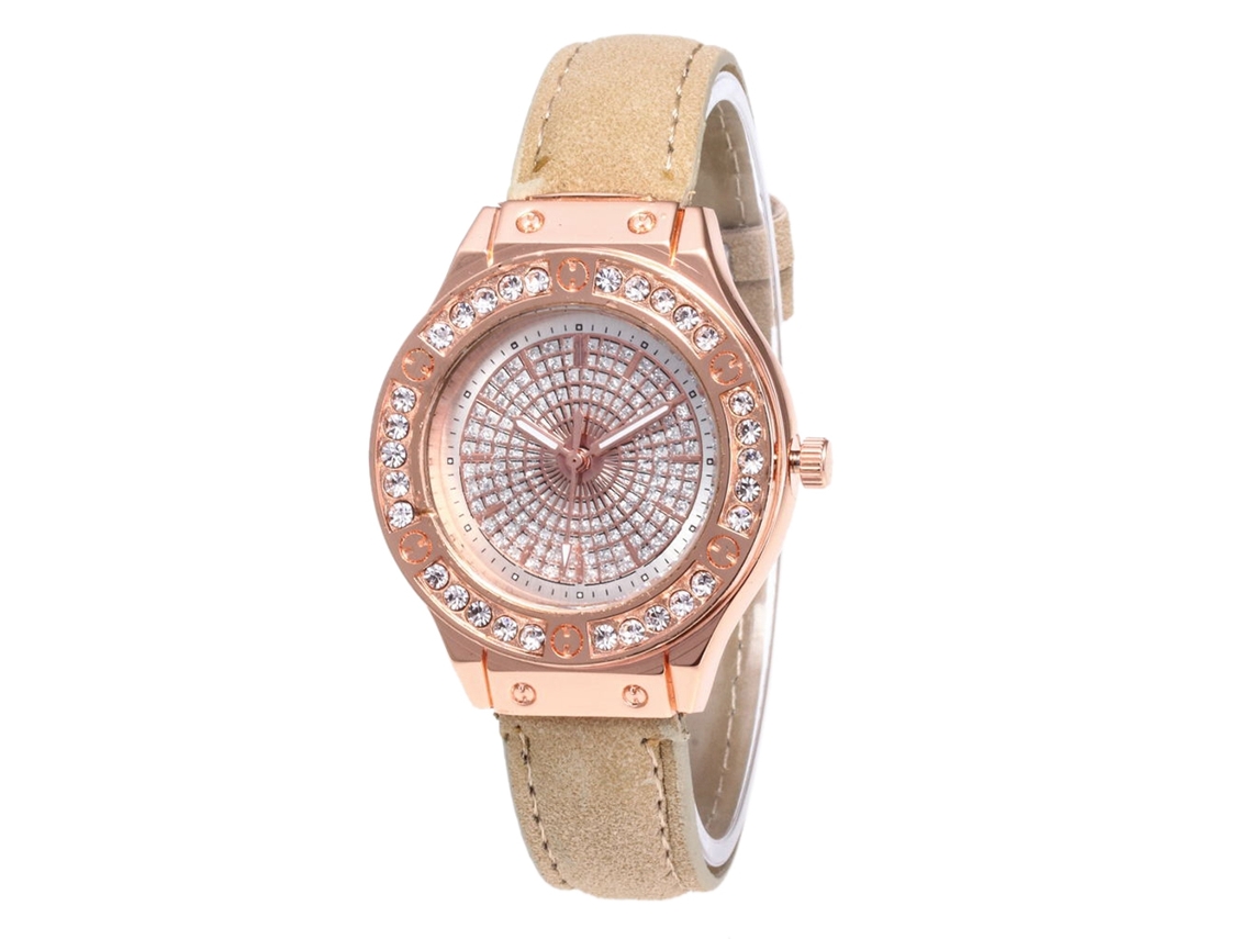Reloj De Pulsera De Cuarzo Para Mujer Con Correa De Piel Sintética Y Esfera Con Pedrería Beige.