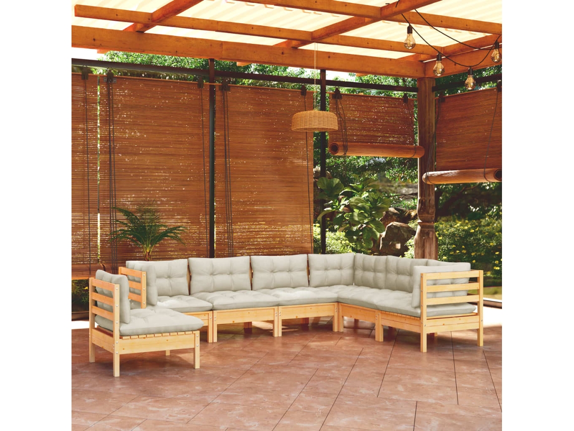 Conjunto 7 Peças Lounge Jardim C/ Almofadões Creme Pinho Maciço Dkd Home Decor