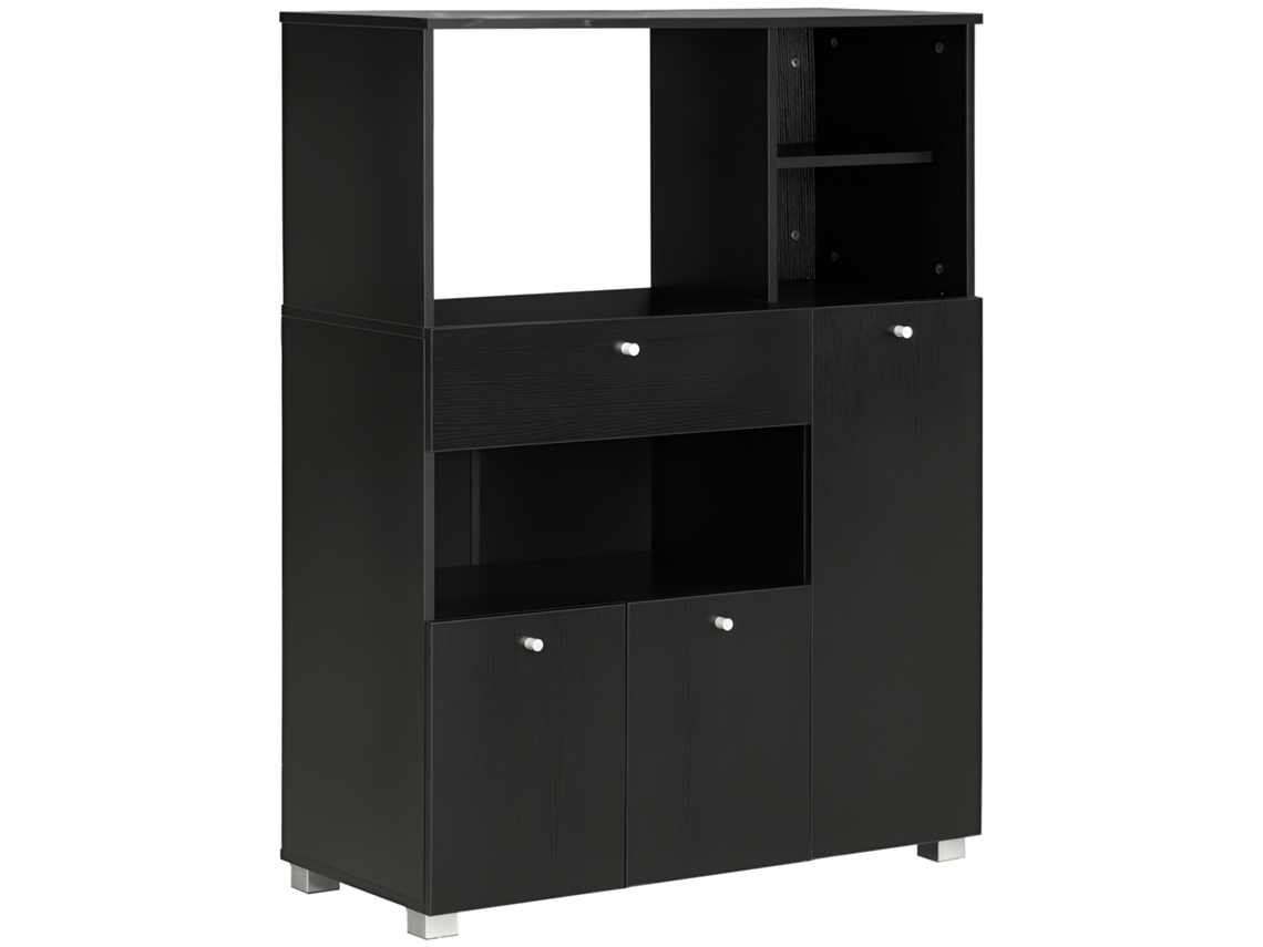 Mueble de madera para horno y microondas con estantes y cajón, 90x40x120cm, negro.