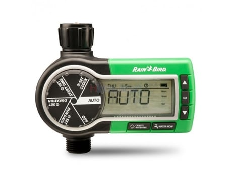 Temporizador de Grifo Activado por Pilas. Se puede conectar a un sistema de riego por goteo o nebulización en la superficie RAINBIRD.