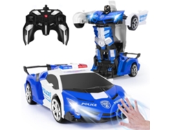 Coche de policía transformable de juguete, azul, teledirigido, con sensor de gestos, luces intermitentes, música y efectos de sonido.