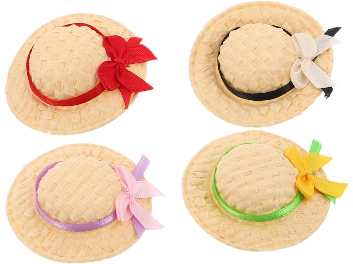 4 Sombreros De Paja Tejidos En Miniatura Para Muñecas, Estilo Elegante Y Artesanal.