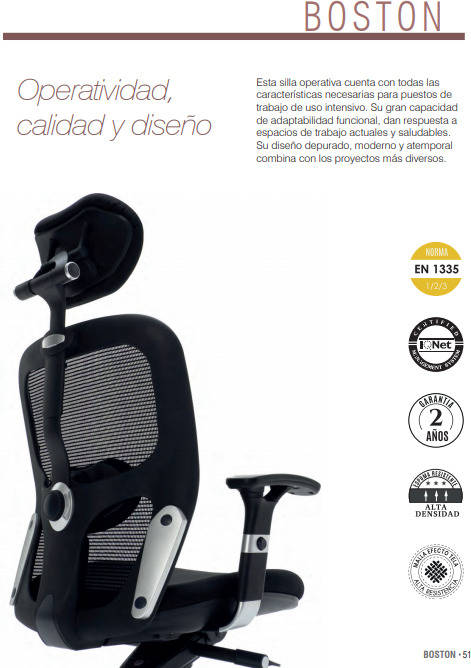 Silla de Escritorio Ejecutiva EUROMOF Boston Negro ergonómica (Soporte cabeza - Brazos fijos - Malla y Tejido)
