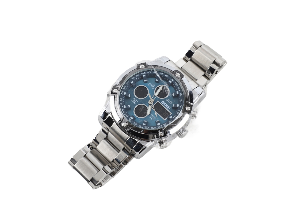 Reloj Multifuncional De Acero Inoxidable Para Hombre, Resistente Al Agua Hasta 30 M, Con Esfera Grande, Color Plata Y Azul.
