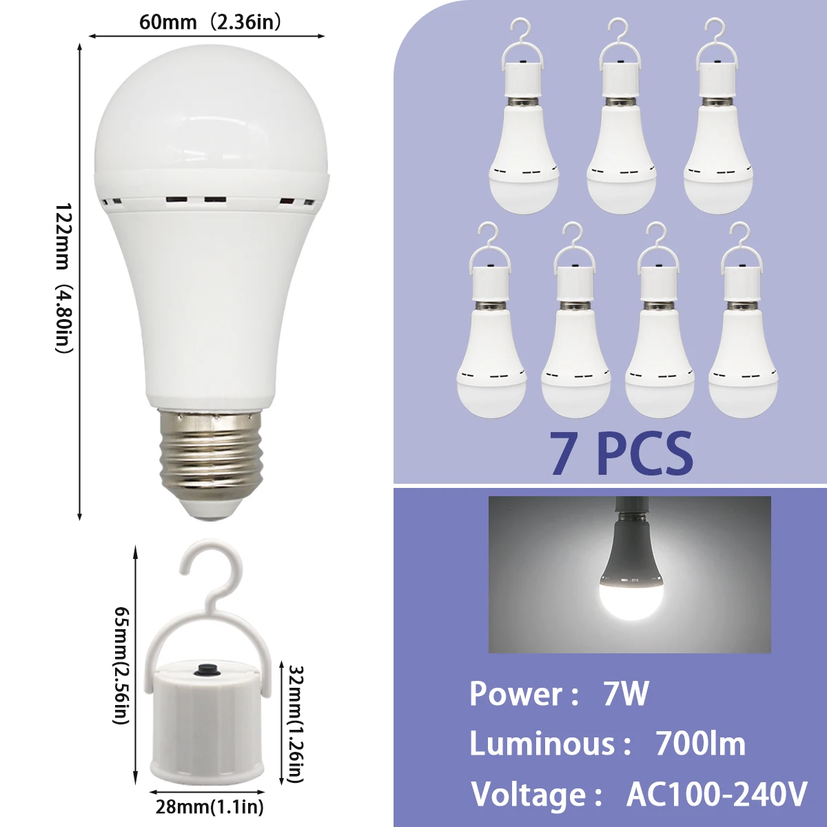 Bombillas Led De Emergencia (7 Unidades, 7 Vatios), Luz Fría, Casquillo E27, 1500 Mah, Para Acampada Y Pesca Al Aire Libre.