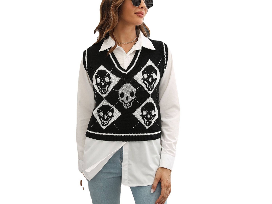 Chaleco de punto para mujer Rebe con cuello en V y estampado de rombos, informal y cómodo, talla L, negro.