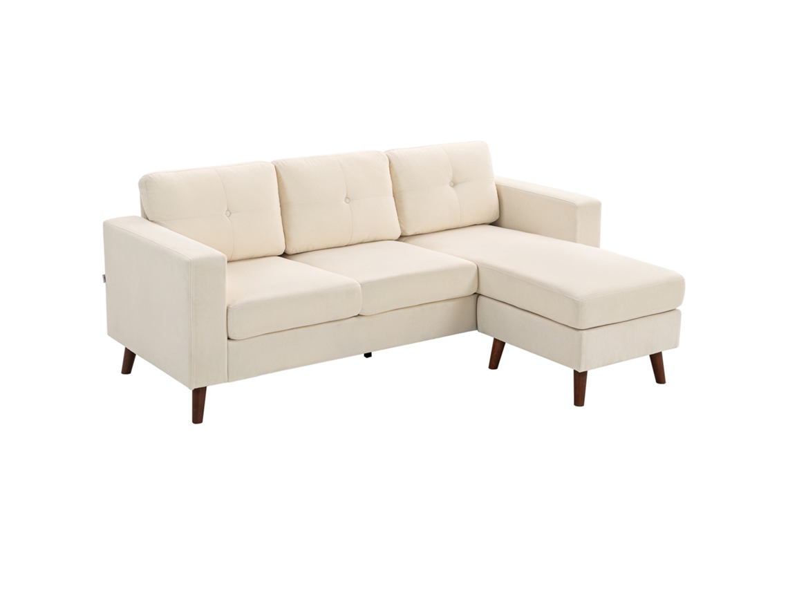 Sofá esquinero de 192 cm de largo, 3 plazas, chaise longue reversible, terciopelo blanco crema.
