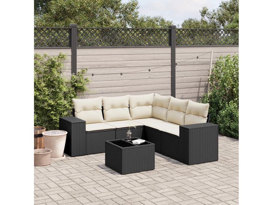 Conjunto de sofá de jardín de 6 piezas con cojines, mimbre sintético negro, DKD Home Decor