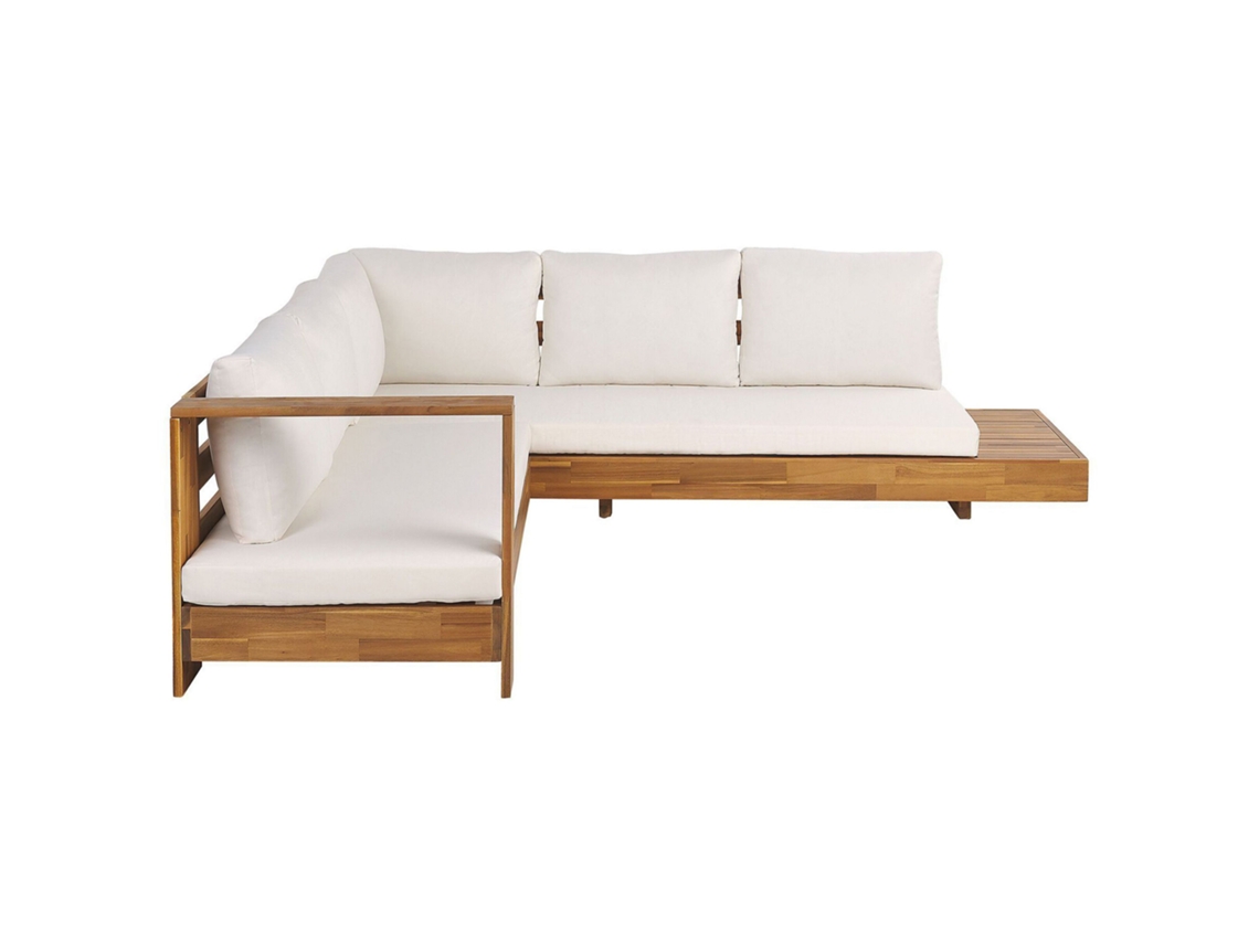 Sofá esquinero 5 plazas de madera de acacia clara/blanco crema derecho BELIANI Marettimo