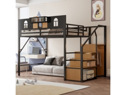 Cama Alta Metálica De 140x200 Con Escalera De Almacenamiento Y Barandilla Alta.