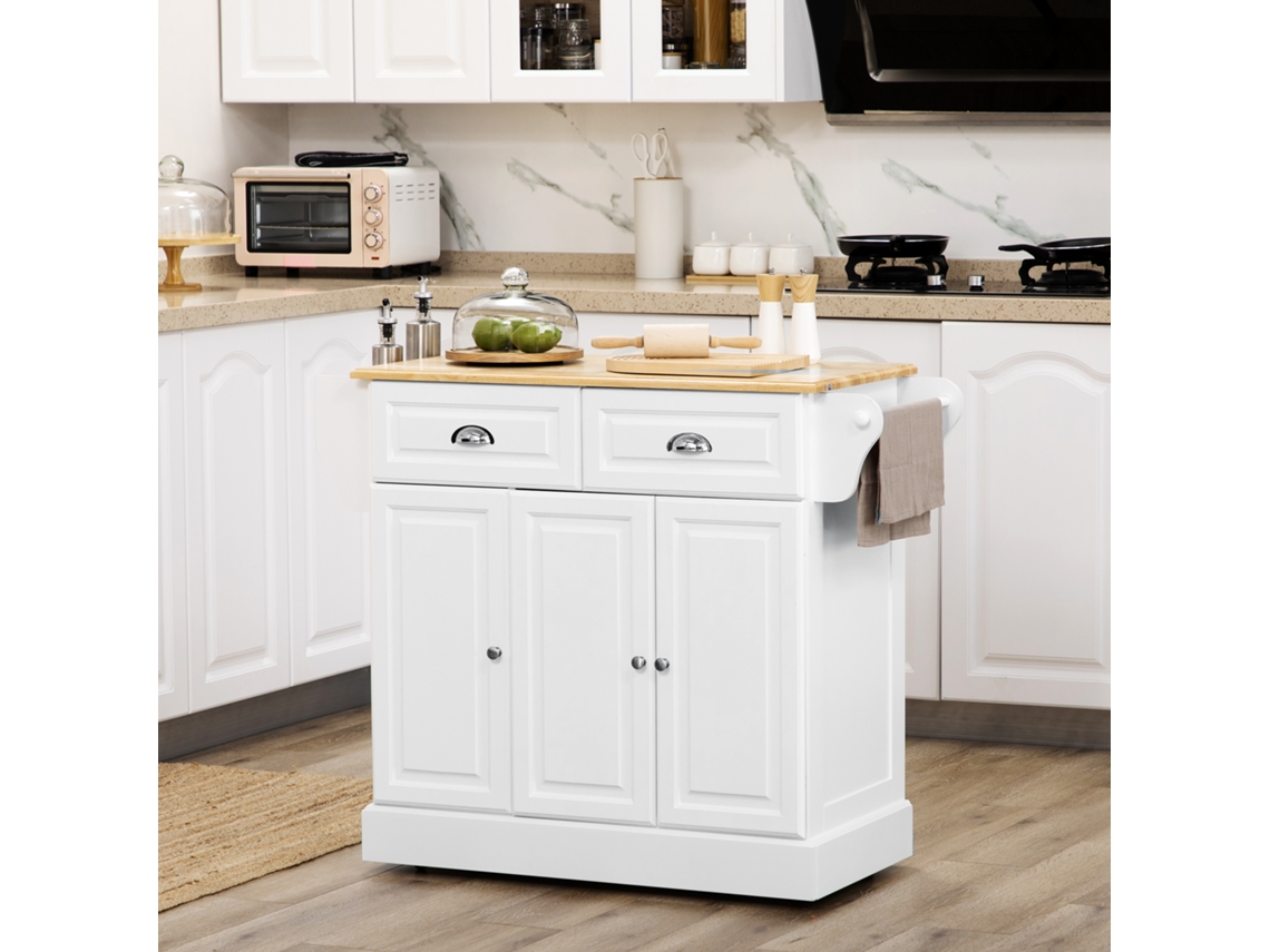 Carrito Cocina Móvil Blanco Ruedas 110x45x89 Cm 2 Cajones 3 Puertas Soporte Paños Y Condimentos Utensilios Salón Comedor