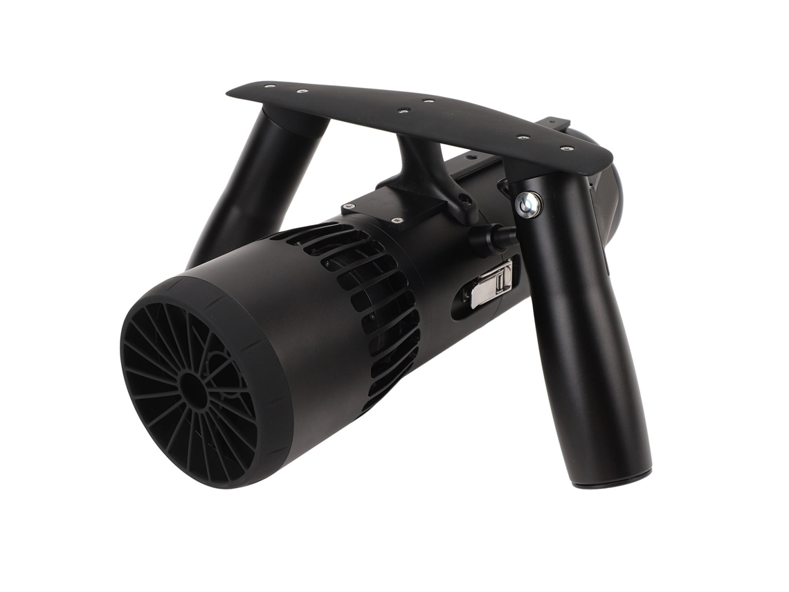 Scooter subacuático con cámara de acción para buceo y snorkel.