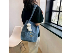 Bolso de hombro plegable de pana con bordado de oso de dibujos animados para mujer, grande y ecológico para ir de compras. GOKOCO