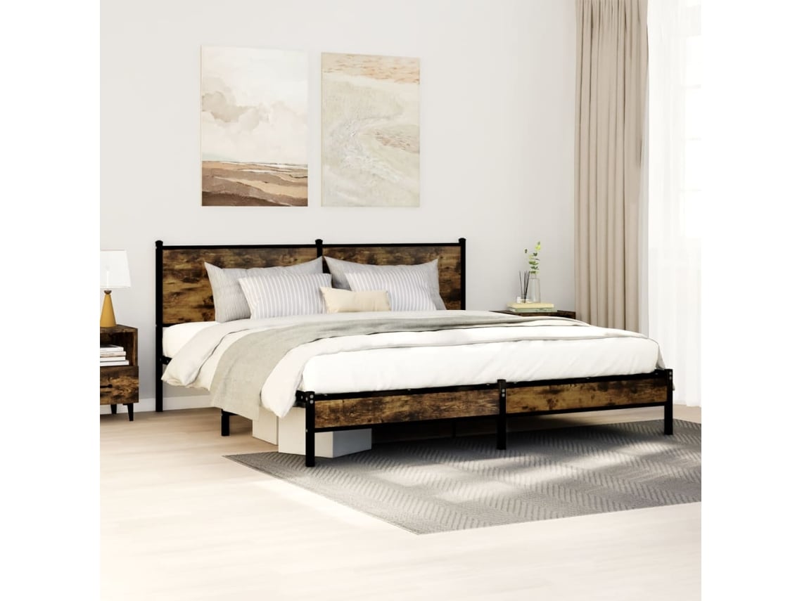 Estructura De Cama Sin Colchón Metal Roble Ahumado 183x213 Cm