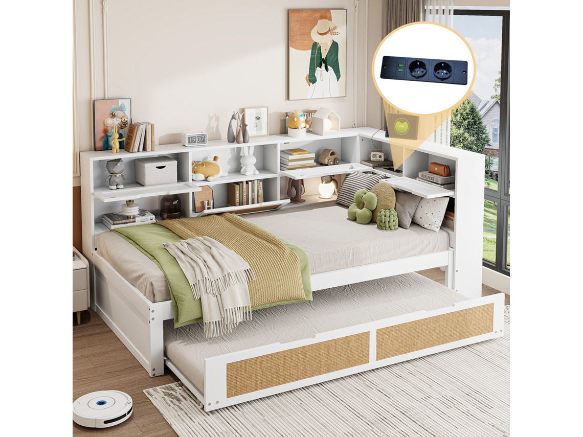 Sofá Cama De Madera De 90x200 Cm, Retráctil, Con Usb, Color Blanco Y Funcional.