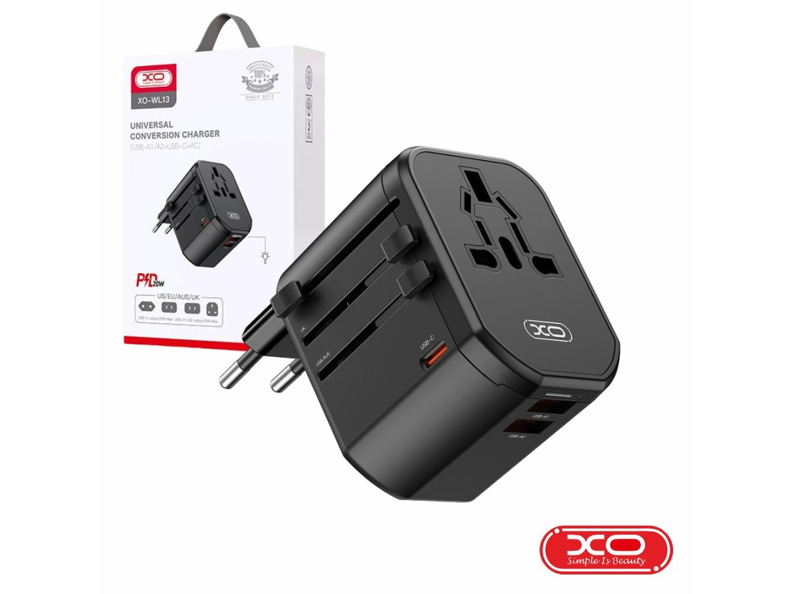 Adaptador de viaje universal PDQC 20W con 2 USB A/1 USB C XO