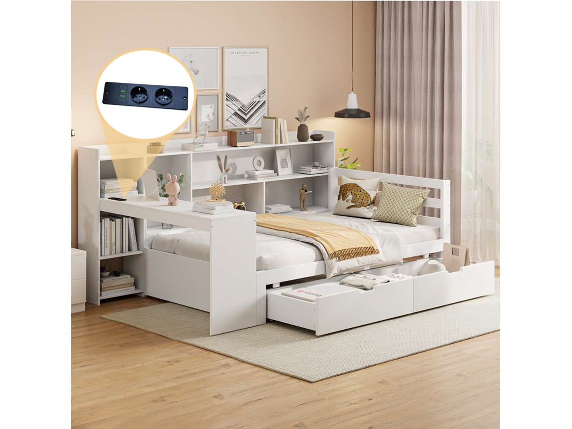 Sofá Cama 90x200 Cm,con Enchufe, Con 2 Grandes Compartimentos De Almacenamiento, Cama De Madera, Blanco