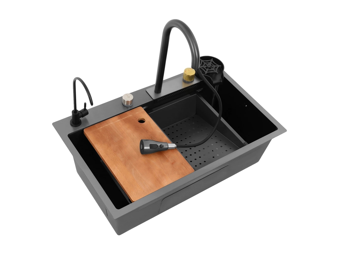 Fregadero de cocina de tres cámaras con grifo retráctil OEM