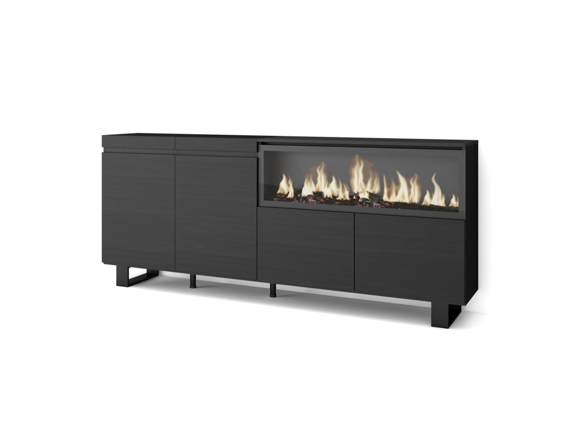 Aparadores para salón, 210, 4 Puertas, Chimenea eléctrica XXL, Diseño industrial, Negro SKRAUT HOME
