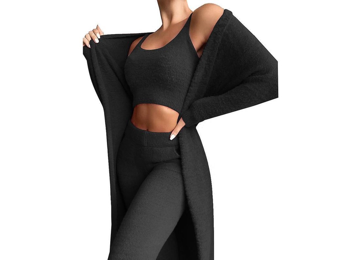 2026-conjunto De Pijama Teddy Mujer 3 Piezas Suave Conjunto De Ropa Deportiva Fluffy Qp M Negro