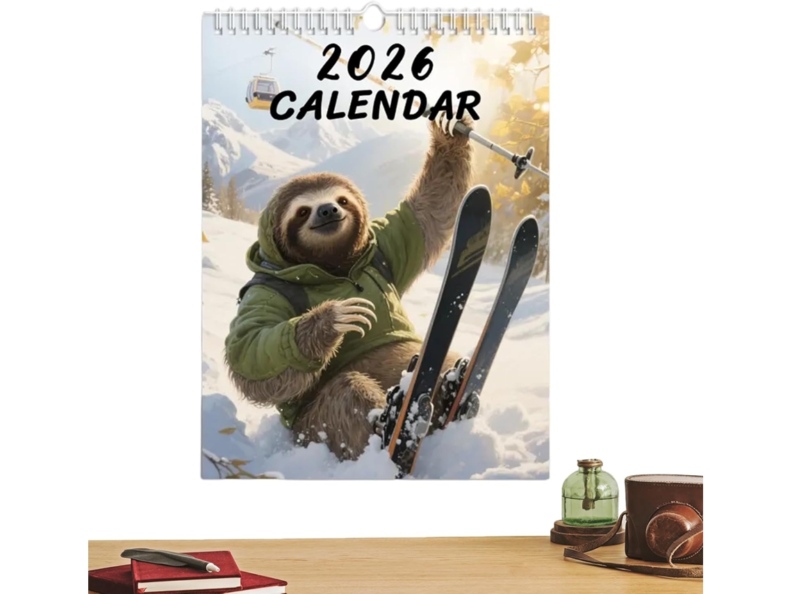 Calendario De Animales 2026 | Planificador Mensual 12 Perezoso Esquiador Estético De 21x28 Cm Para El Hogar