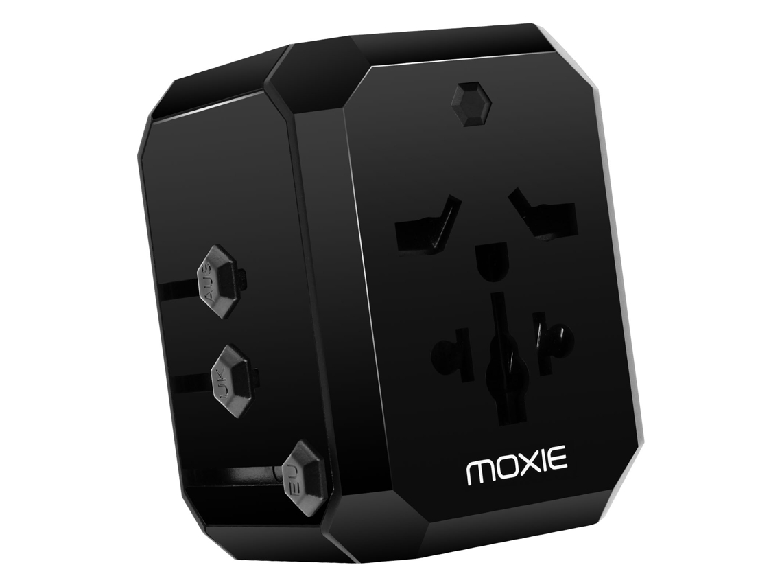 Adaptador de enchufe universal EU / USA / UK / AUS + 3 USB + 1 USB C Moxie Negro MOXIE