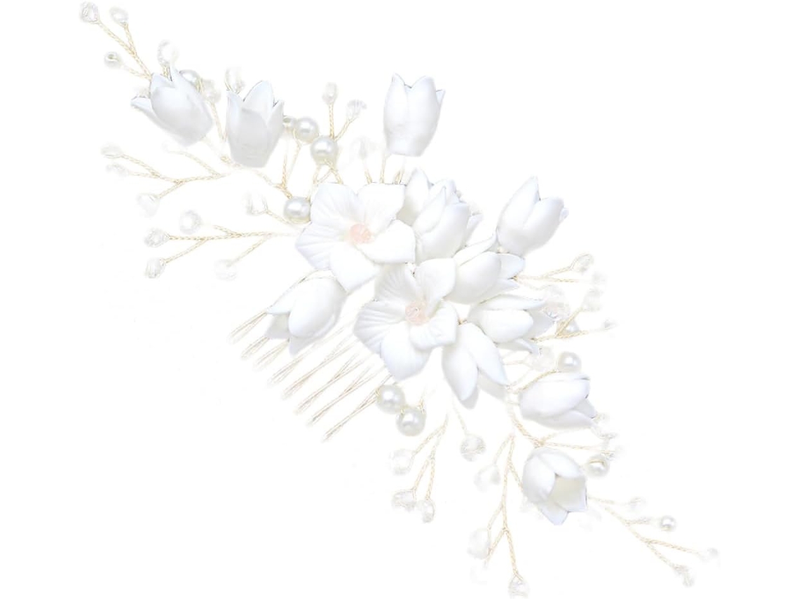 Peineta Decorativa Para Novia En Arcilla Polimérica Blanca Con Flores Y Accesorio De Boda.