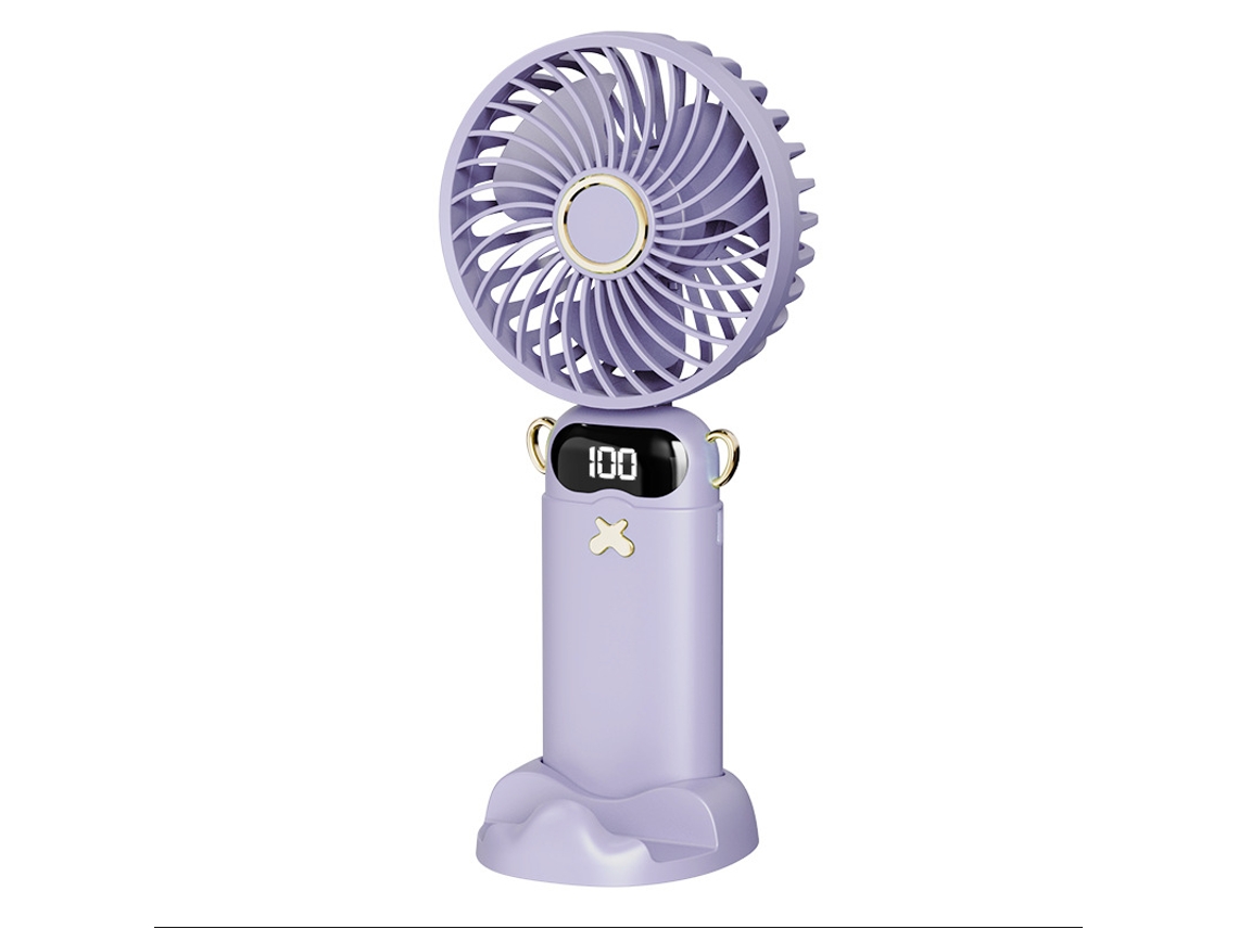 Ventilador portátil Digitallab plegable a 90°, 5 velocidades, pantalla digital y soporte, ultrasilencioso (morado claro)