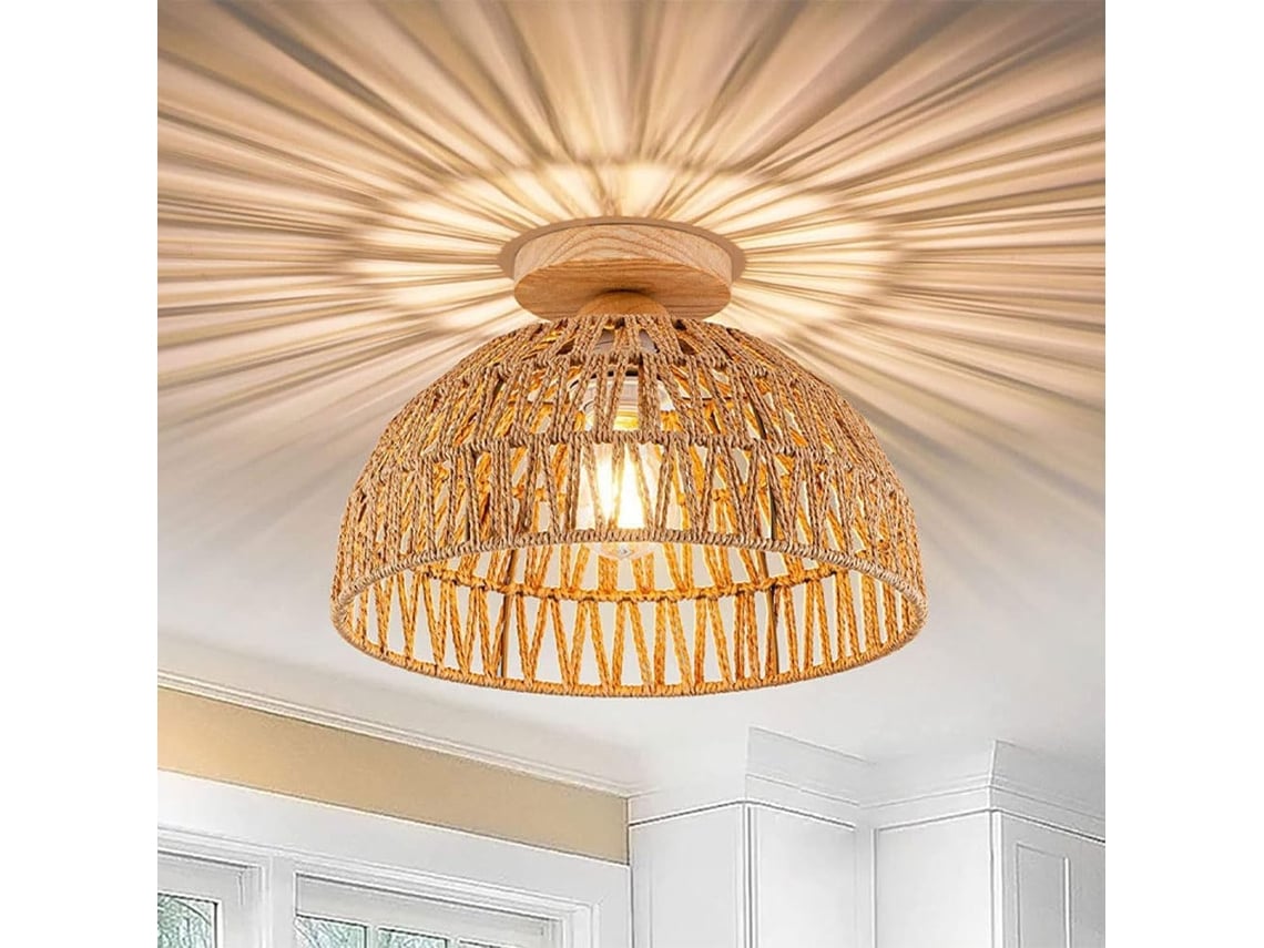 Luminária De Teto Moderna Semiembutida, Estilo Boho Com Base De Teto Em Madeira E Soquete E27