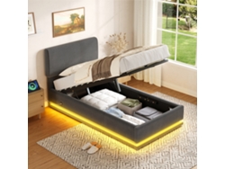 Cama Tapizada De 90x200 Mm Con Led, Usb C, Somier De Láminas De Pana Y Espacio De Almacenamiento, Color Gris.