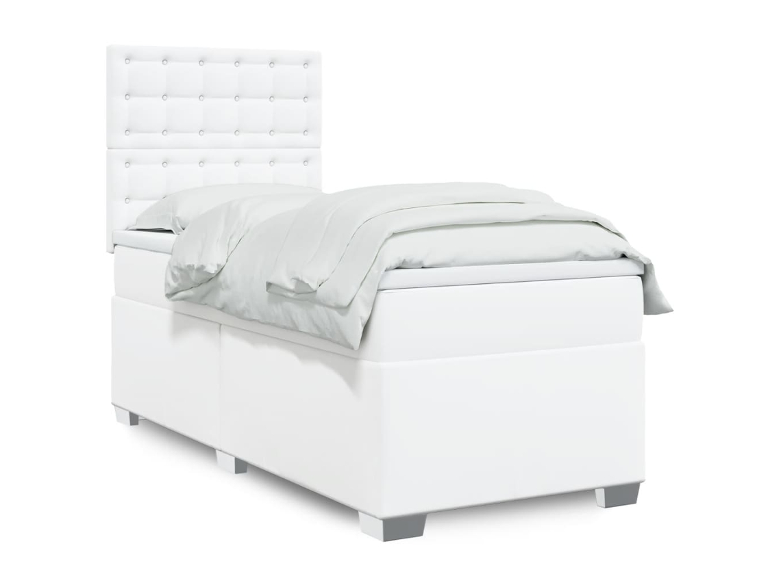 Cama Box Spring Con Colchón Cuero Sintético Blanco 100x200 Cm