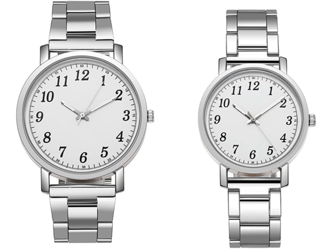 Conjunto Relojes Pareja Reloj Cuarzo Acero Inoxidable Brazalete Plateado Esfera Blanca Hombre Mujer Estilo