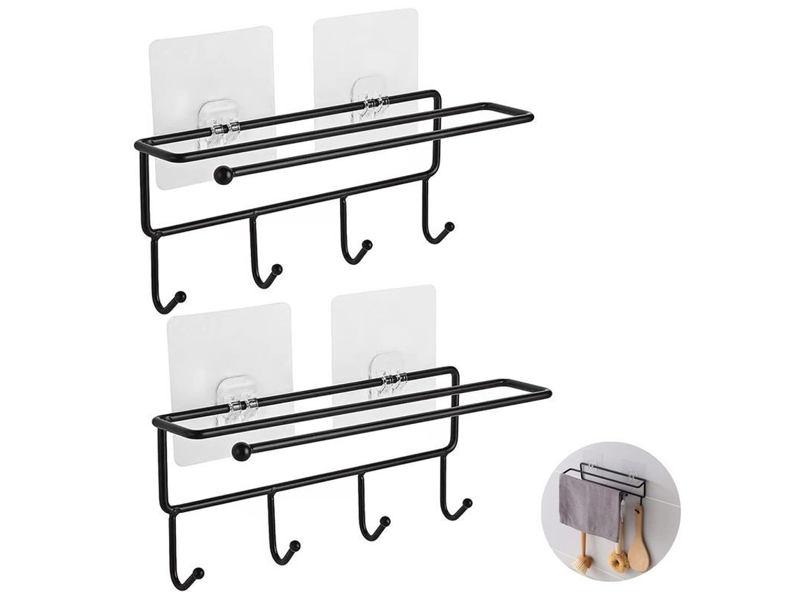 Soportes para utensilios de cocina Rebe, estantes de baño de pared sin necesidad de taladrar, con gancho adhesivo, paquete de 2 unidades, color negro.
