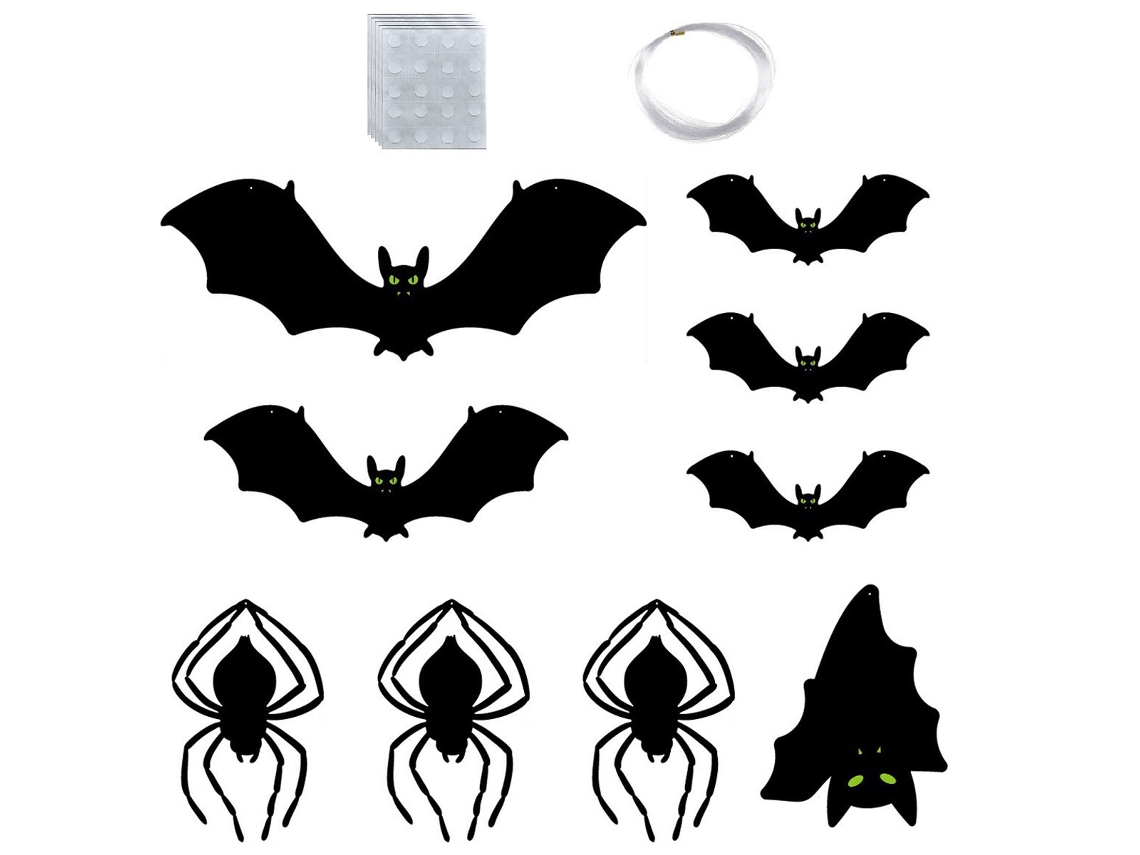Plato de plástico PP reutilizable para decoración de Halloween con murciélagos, ojos que brillan en la oscuridad y murciélagos negros en varios tamaños.