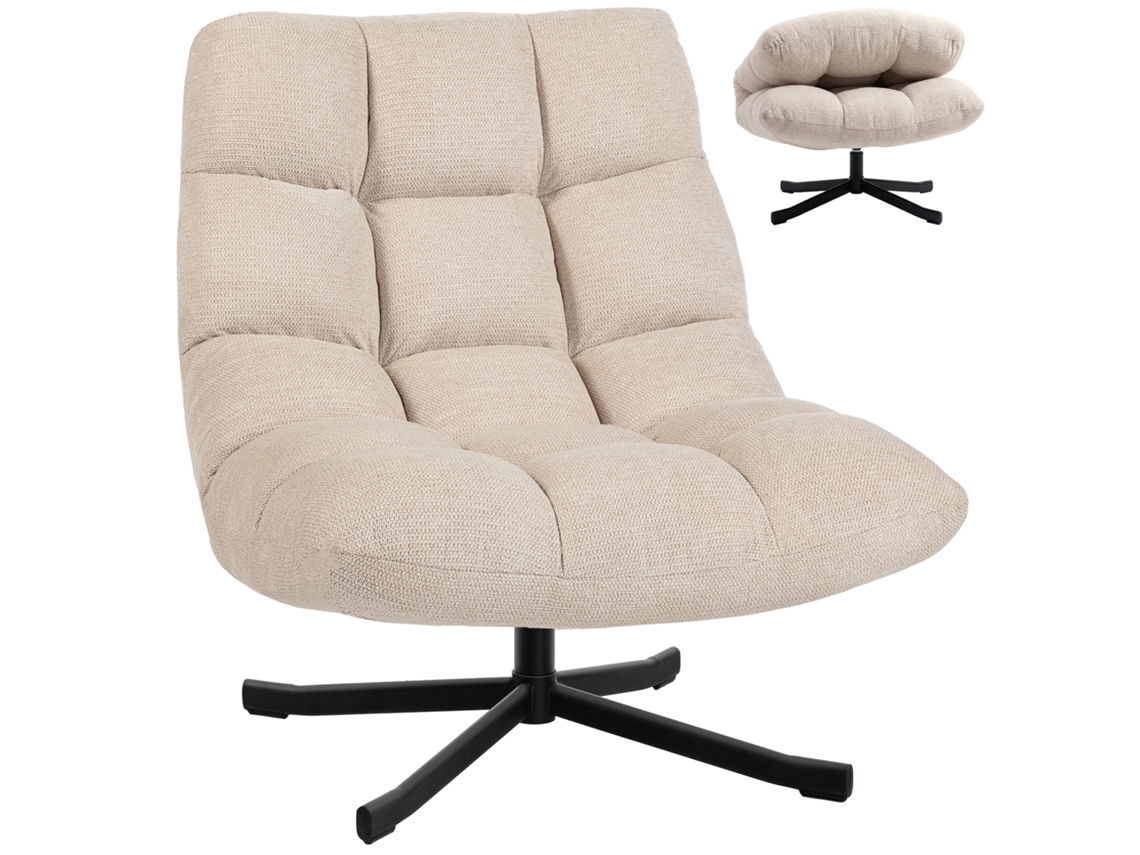 Sillón Giratorio De Chenilla Con Base En Cruz Y Amplio Asiento Color Crema.