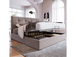 Cama Doble De 140x200 Cm, Estructura Metálica Ajustable, Tapizada Hidráulica De Terciopelo Gris Y Con Espacio De Almacenamiento.