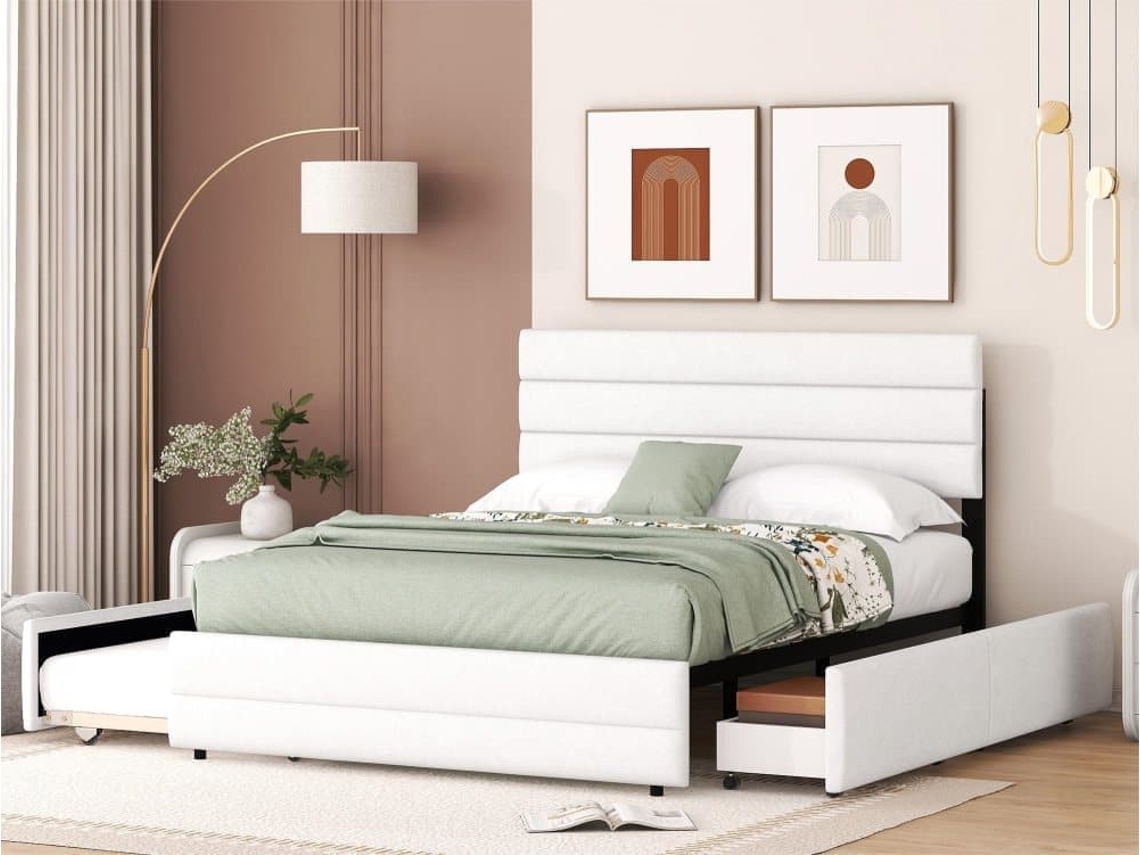 Cama De Adulto 140x200 Cm En Tejido De Lino - Con Cama Nido 90x190 Cm Y 2 Cajones - Cabecero Regulable - Blanco