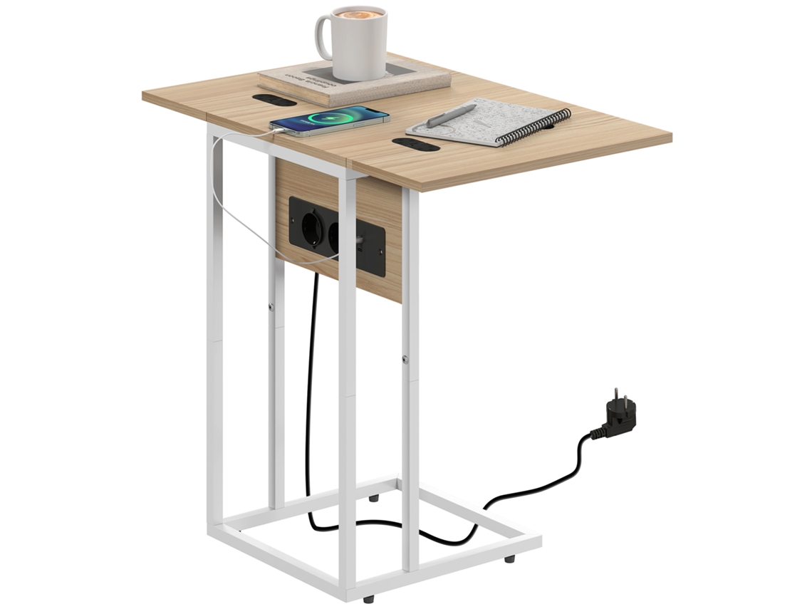 Mesa Auxiliar Con Tablero Plegable Tipo Sofá, Superficie De Carga Blanca Natural.
